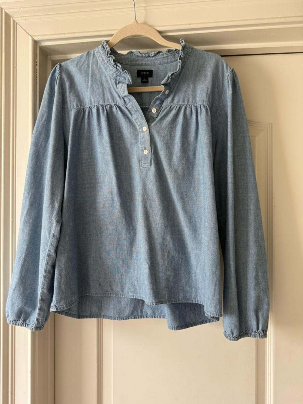 J. Crew Factory Light Blue Denim Ruffle Henley Blouse